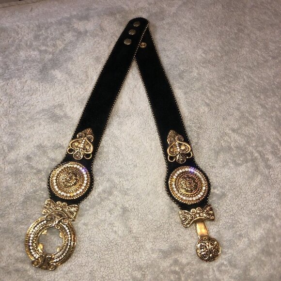 Vintage IBEL Italy Black Suede Adjustable Gold Buckle Details Jewels Waist - Picture 9 of 11